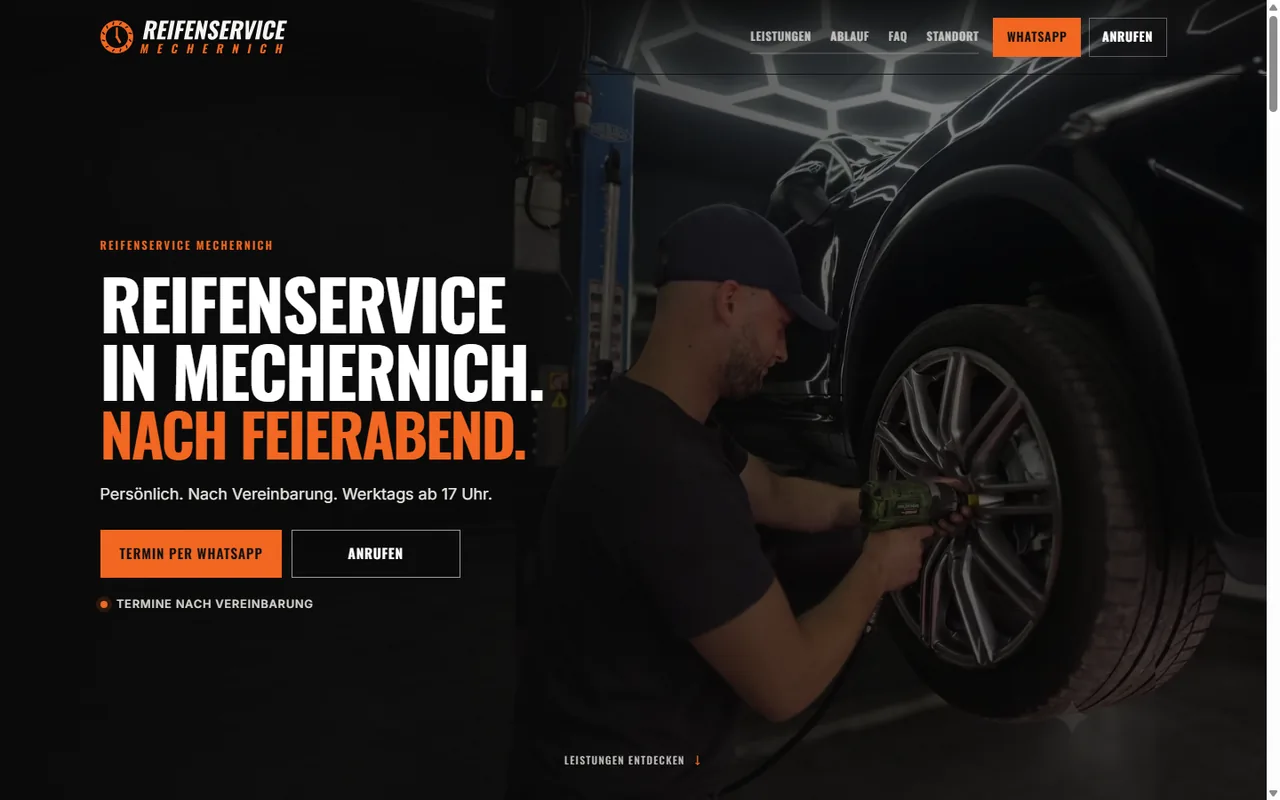 Startseite der Website des Reifenservice Mechernich auf einem Desktop-Bildschirm